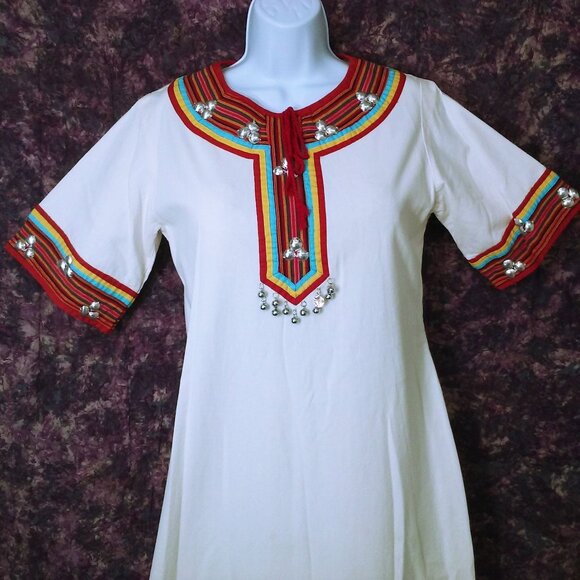 Vintage Ethnic Boho Tribal Kaftan Maxi Dress -M(10) Embellished Striped Dangles - Picture 2 of 10